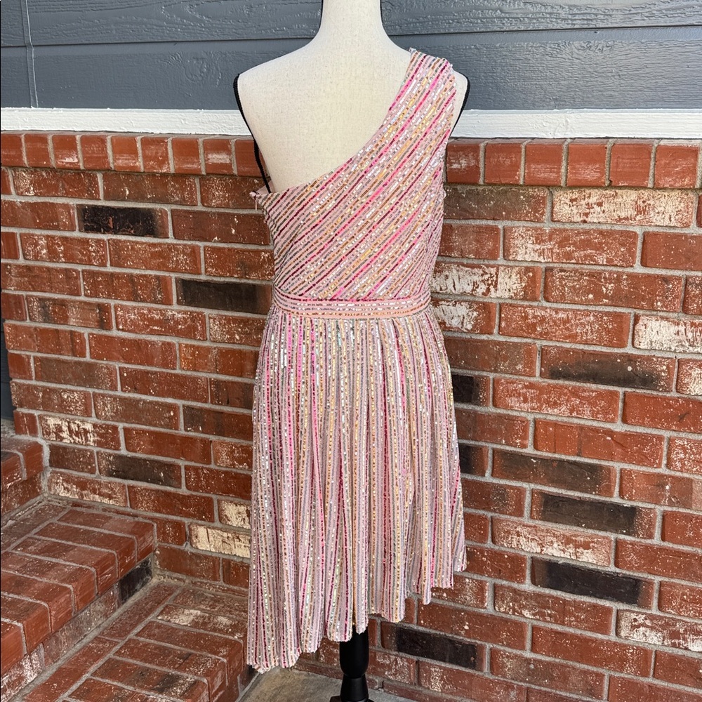 Laundry By Shelli Segal Pink Gold Metallic One Shoulder Midi Dress Size 12 NWT - Picture 5 of 7